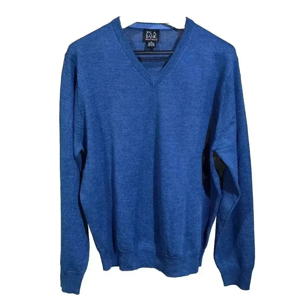 Joe A Bank Signature Collection Merino Wool Sweater Pullover Blue V Neck Office